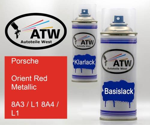 Porsche, Orient Red Metallic, 8A3 / L1 8A4 / L1: 400ml Sprühdose + 400ml Klarlack - Set, von ATW Autoteile West.